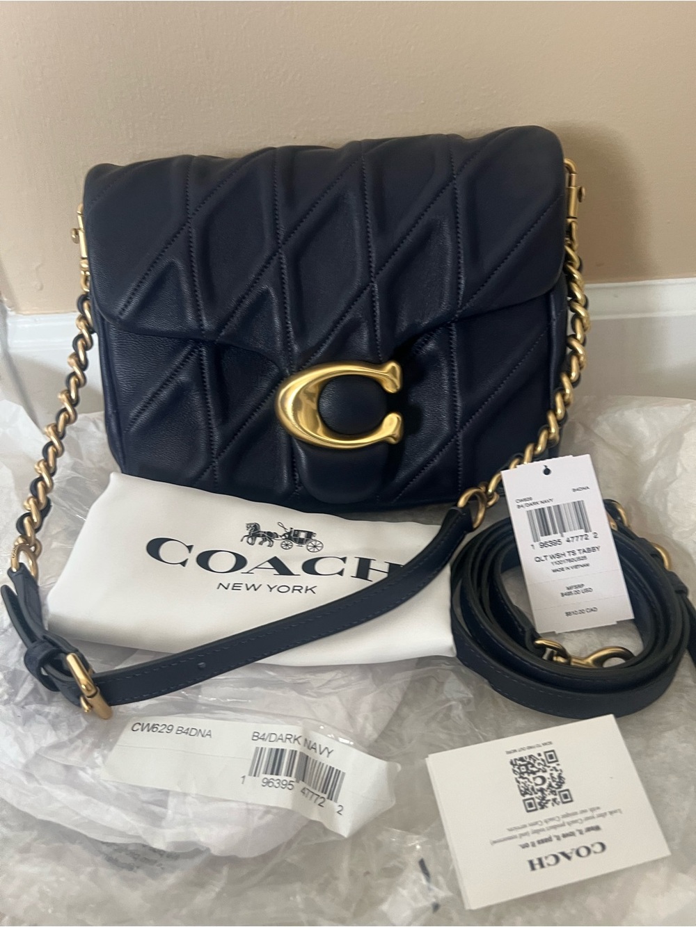 Coach Time Square Tabby Dark Navy Quilted Leather Crossbody with Gold 'C' Accent